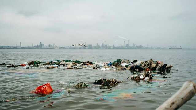 Pollution in a water body with floating trash and debris near an industrial cityscape
