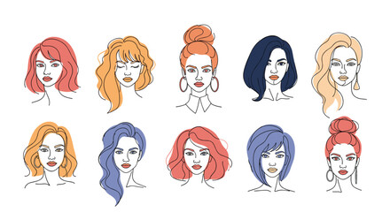 Fototapeta premium Modern line art portraits of ten diverse women with beautiful stylish hair highlighted in pastel colors.