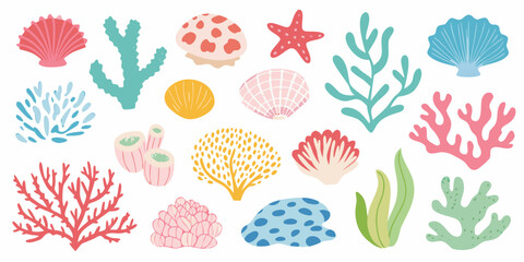 Coral Seaweed And Shell Illustrations In A Pastel Vector Style © Kopil