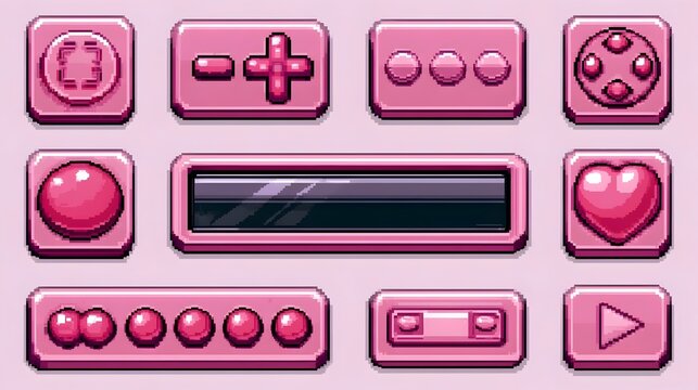 8-bit pixel art pink game button set Stock Illustration