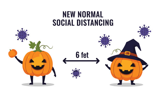 Two cartoon Halloween pumpkins wearing a witch hat and holding a mini pumpkin while keeping a six feet distance.