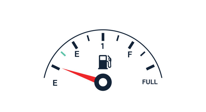 Simple dashboard fuel gauge dial showing empty tank with a red indicator needle pointing close to the E letter.