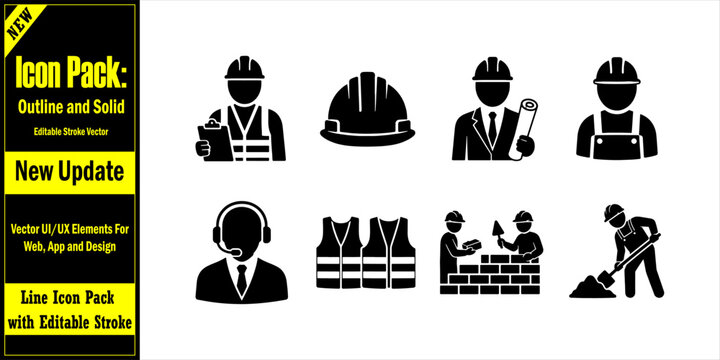 Construction worker and engineer professional vector icon pack. Essential Minimal Vector Icons