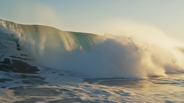 Cinematic slow motion of a massive ocean wave breaking during golden hour