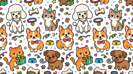 Fototapeta premium Cute Cat and Dog Birthday Party Seamless Pattern with Poodle, Corgi, Gift Box, Bone, and Party Hat for Pet Designs