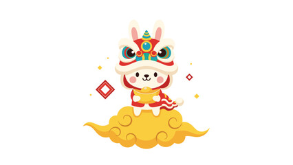 Naklejka premium Cute little rabbit wearing a traditional Chinese lion dance head costume sitting on a golden cloud with a gold ingot.