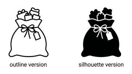 Gift Bag Icon Set: A stylized representation of a gift bag, offered in both an outline and silhouette version, filled with wrapped presents and tied with a ribbon. © Hasem