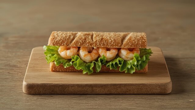 Sandwich with shrimp, lettuce, and whole grain bread on a wooden cutting board.