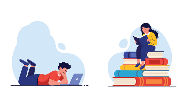 Boy studying on a laptop computer while a girl sits on a tall stack of colorful books reading to show modern learning.