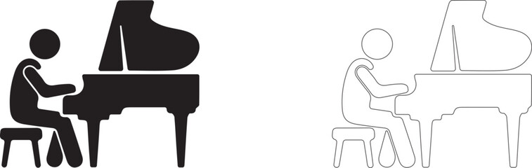 Pianist playing grand piano vector icon filled and outline, playing keyboard musical instrument symbol. © PicMag