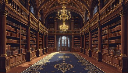 Obraz premium Grand Historic Library Interior with Ornate Wooden Shelves.
