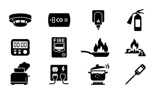 Fire Safety Icons Set, Emergency Equipment Vector Graphics, Home Protection Symbols, Burn Prevention Elements