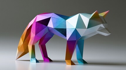 Colorful polygonal fox sculpture made of wood displayed against a plain background