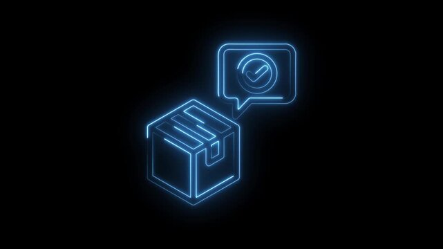 Blue neon outline of a shipping box with a speech bubble containing a checkmark icon symbolizing