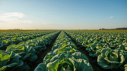 Fototapeta premium A vast field of crops extending to the horizon under a blue sky, showcasing agriculture and farming.