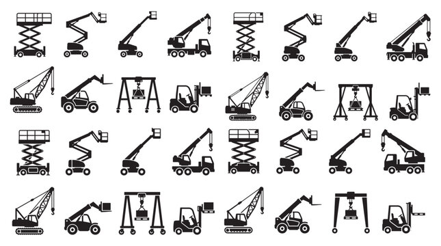 Construction Lifting Equipment, Crane, and Forklift Silhouette Icon Set - Vector Collection for Industrial Engineering, Site Machinery, and Logistics Design