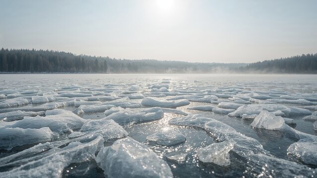 Frozen river with floating ice chunks under sunlight, winter landscape, cold environment, natural scenery, icy water surface