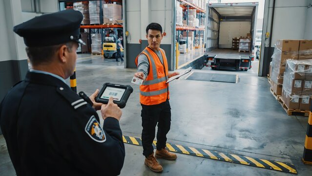 Warehouse security officer and worker managing inventory in industrial storage facility
