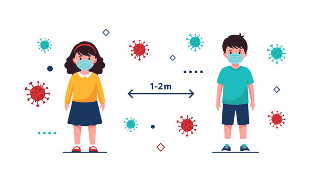 Social distancing concept with a boy and girl wearing medical masks keeping distance of one to two meters vector.