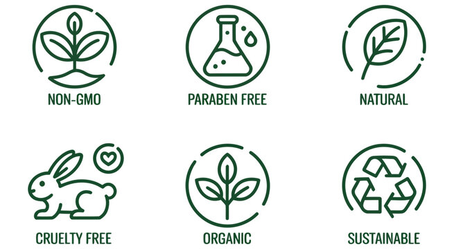 natural cosmetic icons, beauty badges, cruelty free vegan bio paraben free labels, skincare logo, gmo free emblems, organic cosmetic line icon, vector illustration for sustainable branding, eco packag