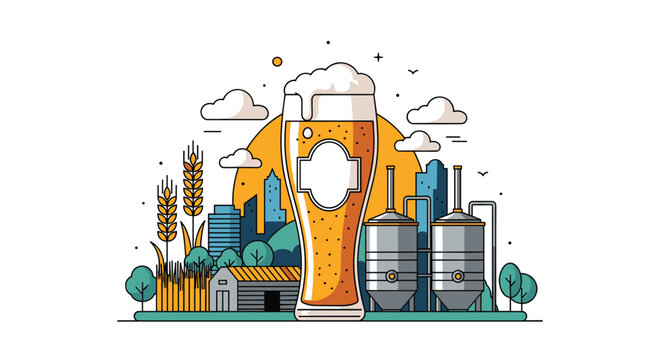 Glass of draft beer with rich foam displayed in front of a modern brewery factory and a city skyline during sunset.
