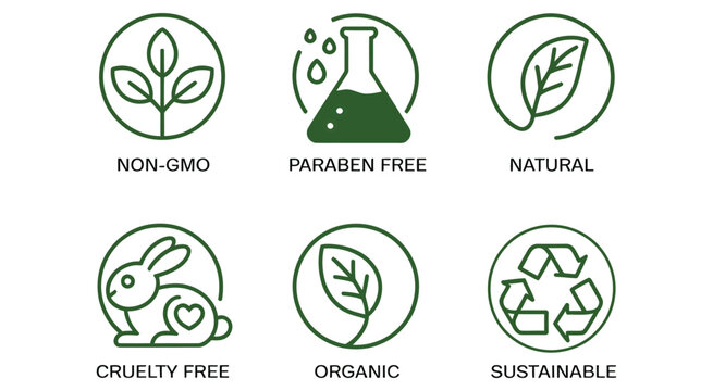 natural cosmetic icons, beauty badges, cruelty free vegan bio paraben free labels, skincare logo, gmo free emblems, organic cosmetic line icon, vector illustration for sustainable branding, eco packag