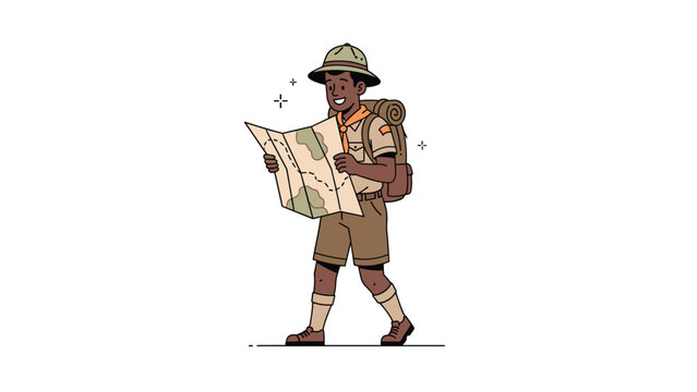 Young boy scout hiking with a large backpack while reading a paper map on white background vector illustration.