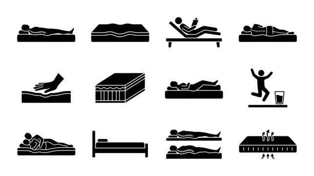 Mattress Icon Set, Sleep Comfort Symbols, Bedding Collection, Rest and Relaxation Graphics, Vector Illustrations