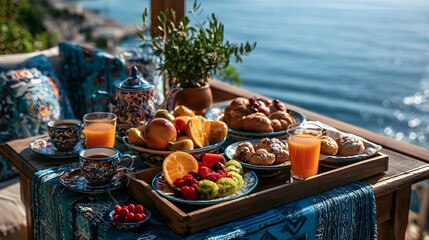Fototapeta premium Colorful Mediterranean breakfast served on a sunlit terrace with fresh fruit, pastries and sea view, premium travel lifestyle imagery