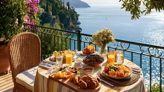 Colorful Mediterranean breakfast served on a sunlit terrace with fresh fruit, pastries and sea view, premium travel lifestyle imagery
