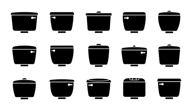 Set of 15 Black Toilet Cistern Icons, Plumbing Fixtures Vector Collection, Bathroom Equipment Graphic Elements for Design
