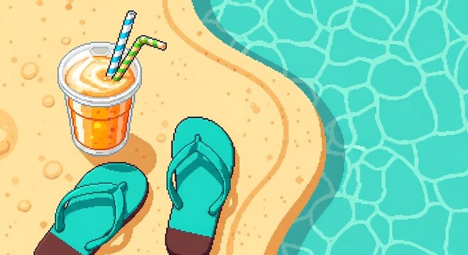 Pixel art summer beach vacation scene with refreshing drink and colorful flipflops on the sand by clear blue water