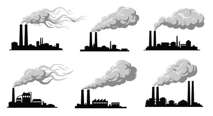 Obraz premium Silhouettes of factories emitting massive dark grey smoke clouds from tall chimneys into the air, environmental issue.