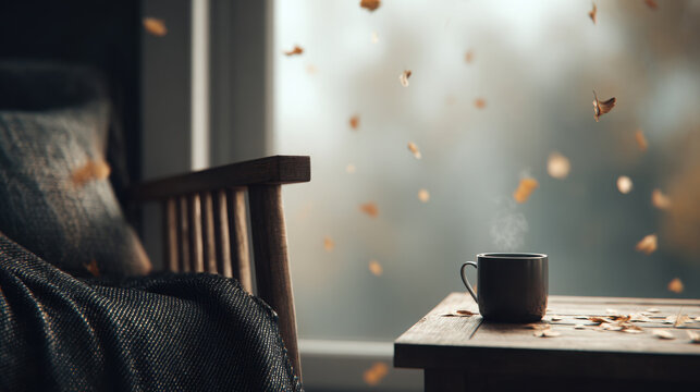 A cozy autumn interior with a steaming mug on a wooden table and fall leaves gently drifting outside a window, beside a comfortable chair with a warm blanket.