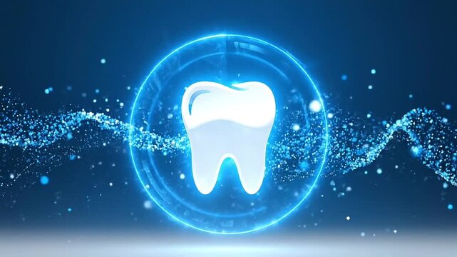 Abstract healthy tooth icon inside glowing blue protection shield animation