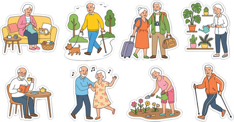 Fototapeta premium Active Senior Citizens Sticker Collection Featuring Happy Elderly Couples and Individuals Enjoying Lifelong Retirement Hobbies, Gardening, Traveling, and Outdoor Activities