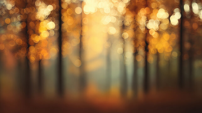 Warm autumn forest bokeh creates a soft focus abstract background with glowing golden light.