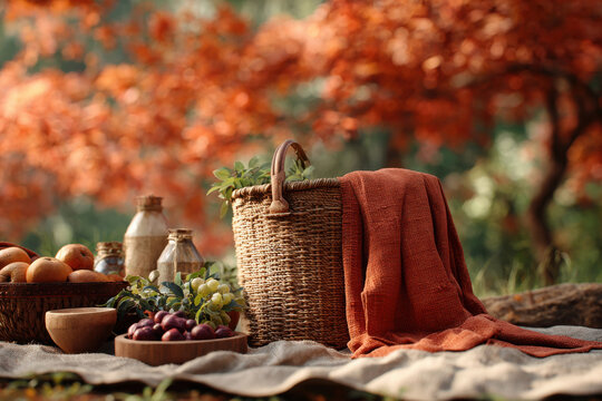 An elegant autumn picnic setup featuring a wicker basket, fresh fruits, and a cozy blanket is beautifully arranged in a park with warm fall colors.
