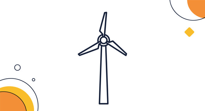 Outline of a modern wind turbine with spinning blades on a background with orange circles and geometric shapes.