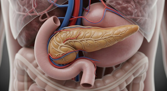 3D Anatomical Illustration of Human Pancreas, Duodenum, and Abdominal Viscera