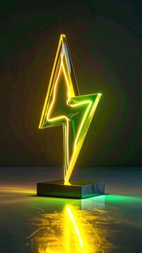 A vibrant, glowing neon lightning bolt trophy sits on a reflective surface
