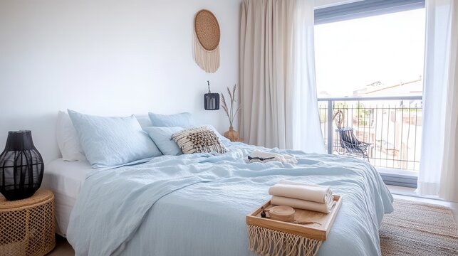 Light blue bedding and wicker decor in a bedroom