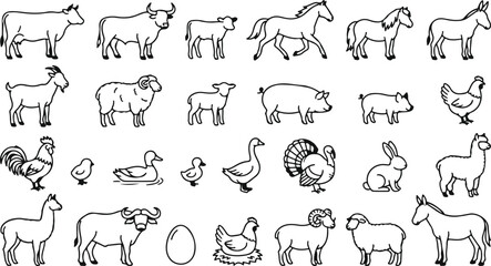 Naklejka premium Collection of hand drawn farm animals and livestock sketches isolated on a white background for design projects