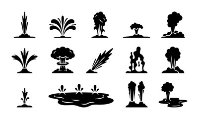 Explosion and Fountain Icons Set, Dynamic Blast and Water Spray Vector Graphics, Impact and Energy Symbols for Design Projects © Sohan