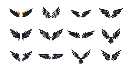 Obraz premium Extensive collection of modern black wing icons representing freedom, speed, flight, and heraldic strength.