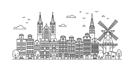Fototapeta premium Detailed thin line art illustration of the classic Amsterdam skyline with traditional houses and a windmill.