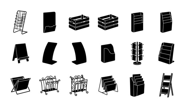 Vector Display Stands Collection, Retail Shelving Units, Brochure Holders, Magazine Racks, Exhibition Booth Elements, Retail Fixtures Set