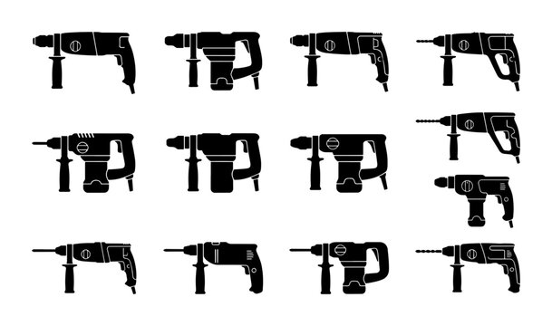 Rotary Hammer Drill Icons Set, Power Tool Silhouettes Collection, Heavy Duty Construction Equipment Vector Graphics for DIY and Professional Use