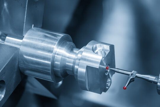 Quality control inspection on a CNC lathe machine using a modular probe in a blue tone scene.