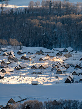 Snow covered mountain village in Hemu Village, Xinjiang, China
